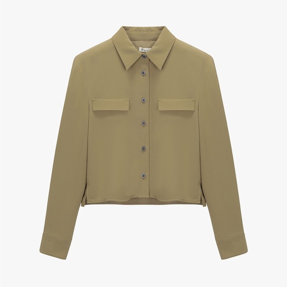 IT MICHAA Tan Beige Long Sleeve Button Down Cropped Shirt Sz Small - Picture 1 of 12
